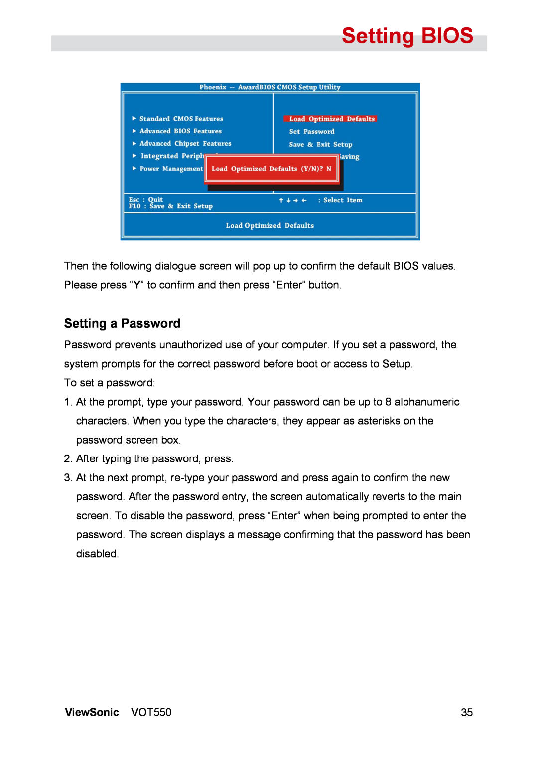 ViewSonic manual Setting a Password, Setting BIOS, ViewSonic VOT550 