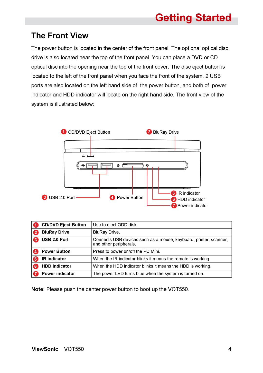 ViewSonic VOT550 manual Front View, CD/DVD Eject Button BluRay Drive 