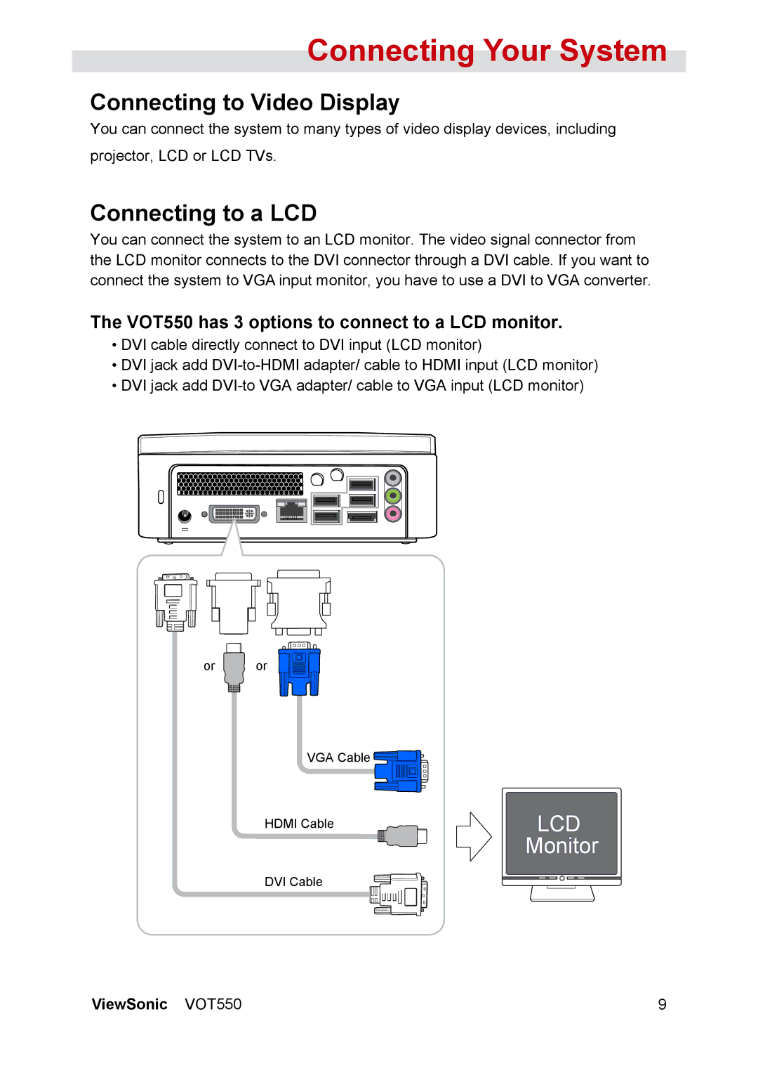 ViewSonic manual Connecting to Video Display, Connecting to a LCD, VOT550 has 3 options to connect to a LCD monitor 