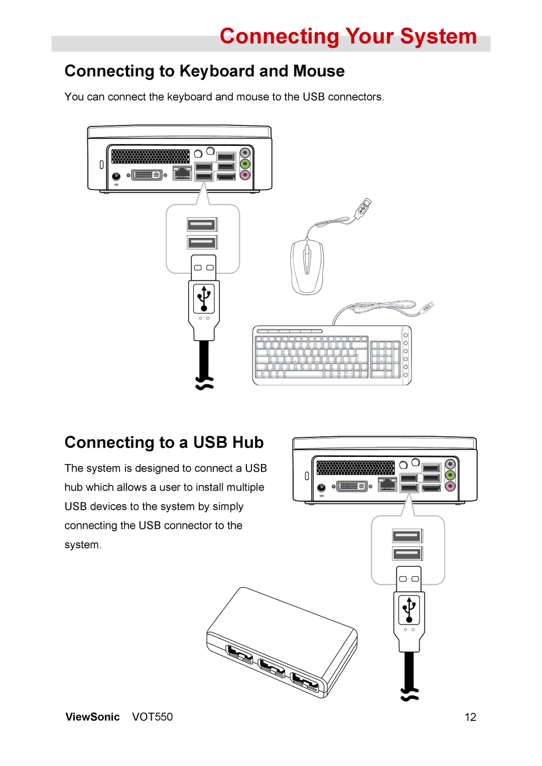 ViewSonic VOT550 manual Connecting to Keyboard and Mouse, Connecting to a USB Hub 