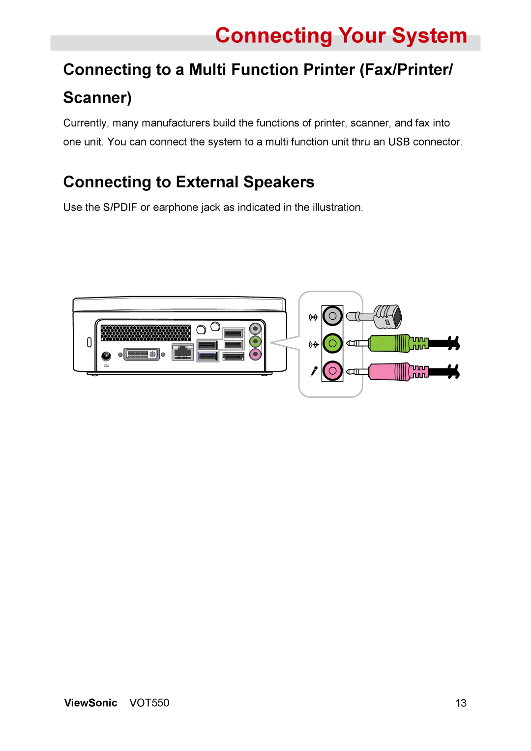 ViewSonic VOT550 manual Connecting to a Multi Function Printer Fax/Printer/ Scanner, Connecting to External Speakers 