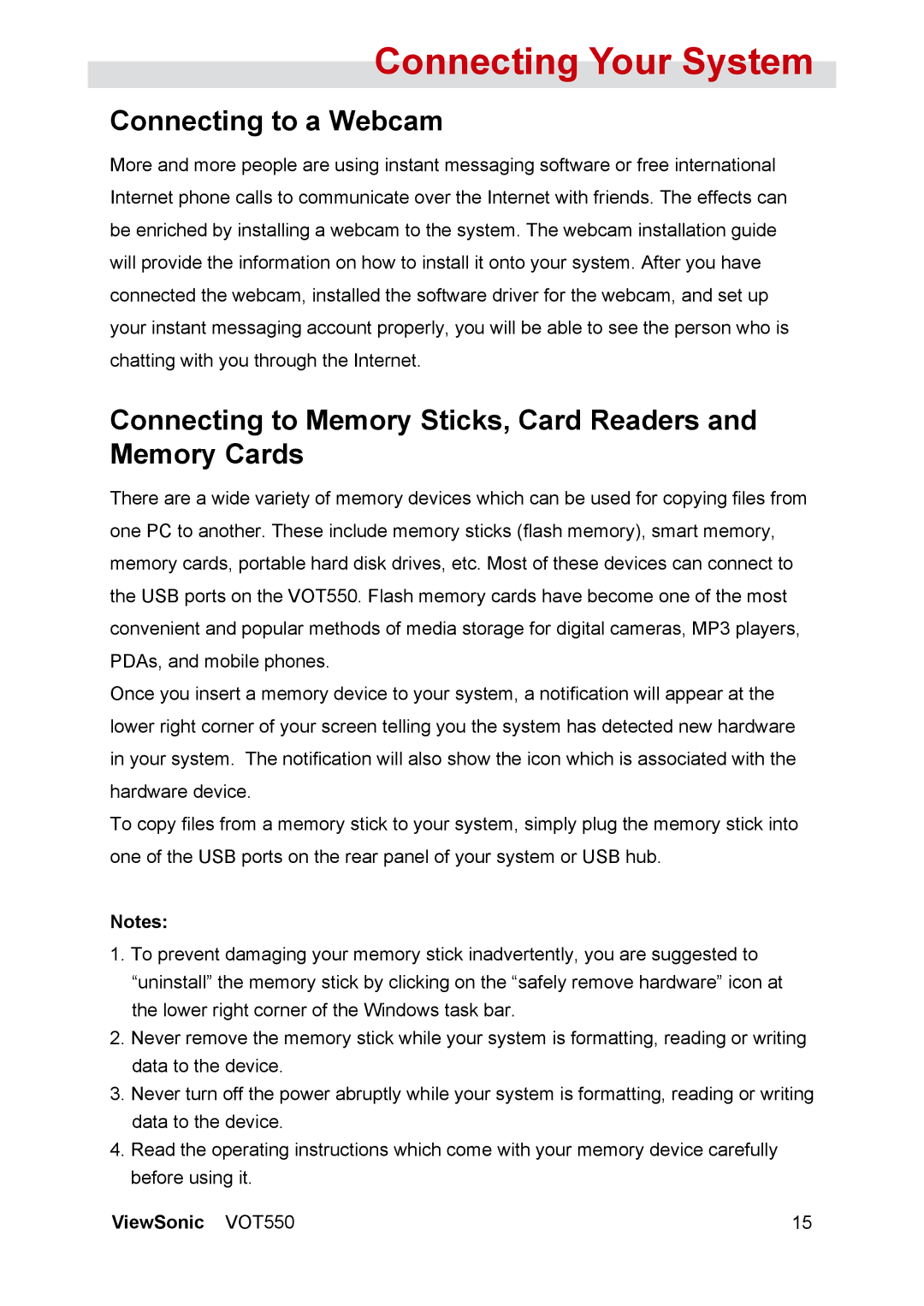 ViewSonic VOT550 manual Connecting to a Webcam, Connecting to Memory Sticks, Card Readers and Memory Cards 