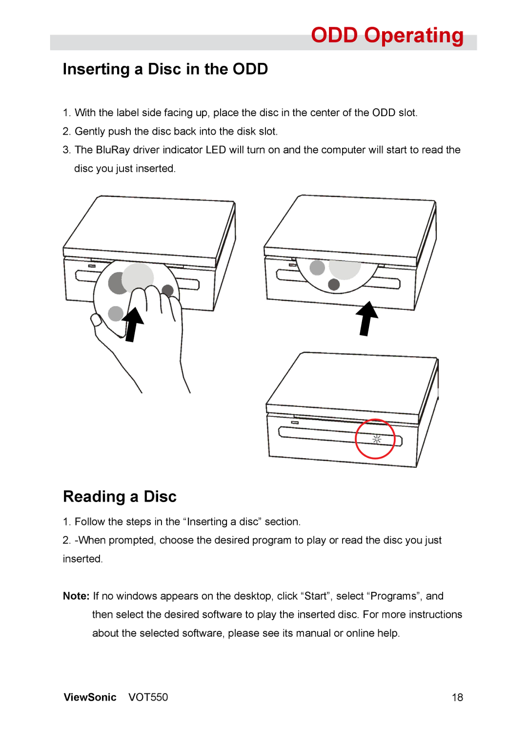 ViewSonic VOT550 manual ODD Operating, Inserting a Disc in the ODD, Reading a Disc 