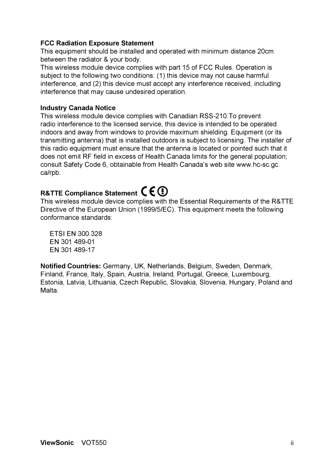 ViewSonic VOT550 manual FCC Radiation Exposure Statement 