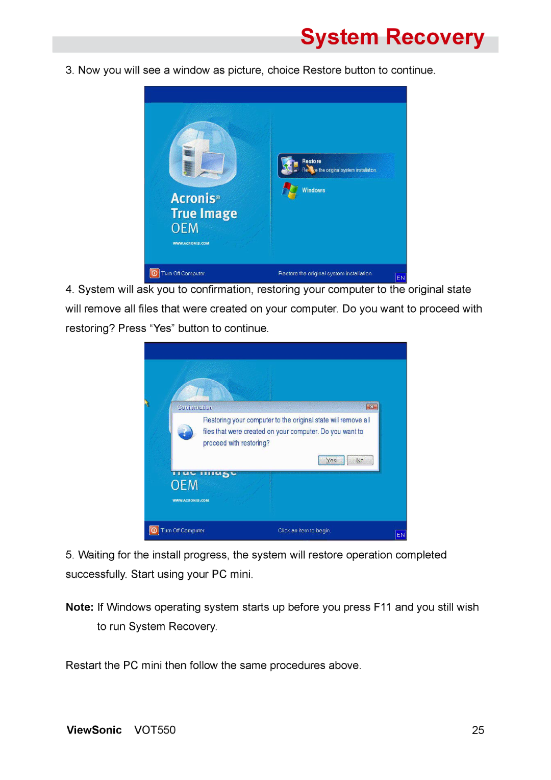ViewSonic VOT550 manual System Recovery 
