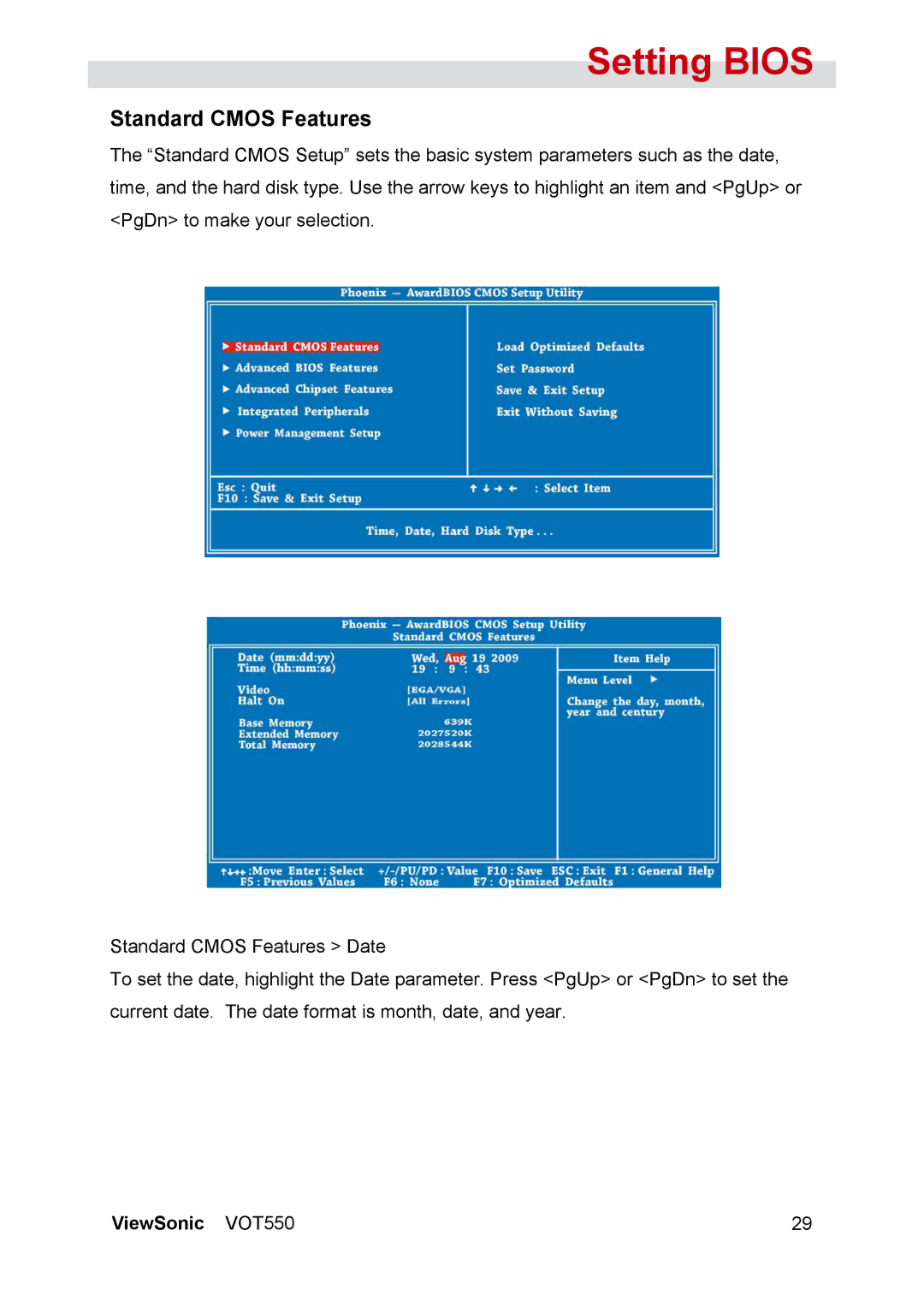 ViewSonic VOT550 manual Standard Cmos Features 