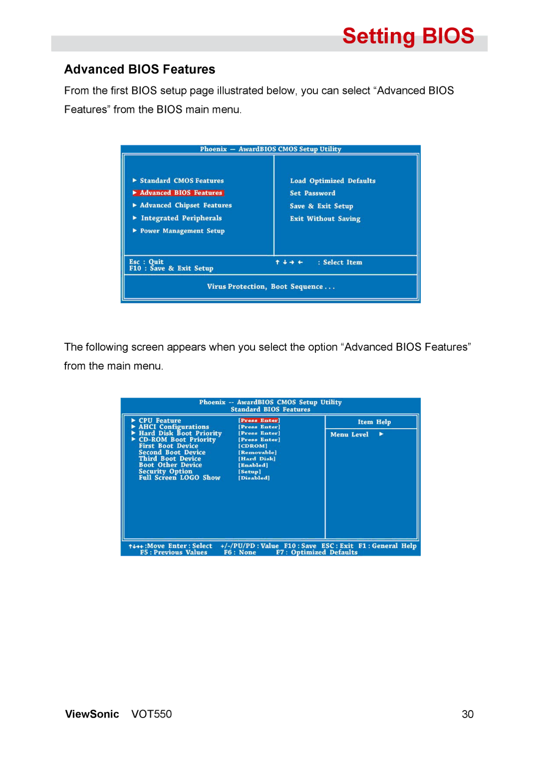 ViewSonic VOT550 manual Advanced Bios Features 