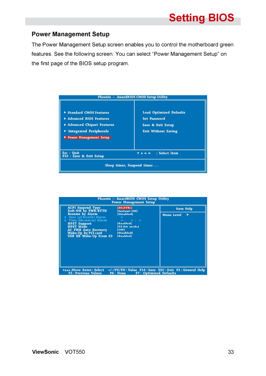 ViewSonic VOT550 manual Power Management Setup 