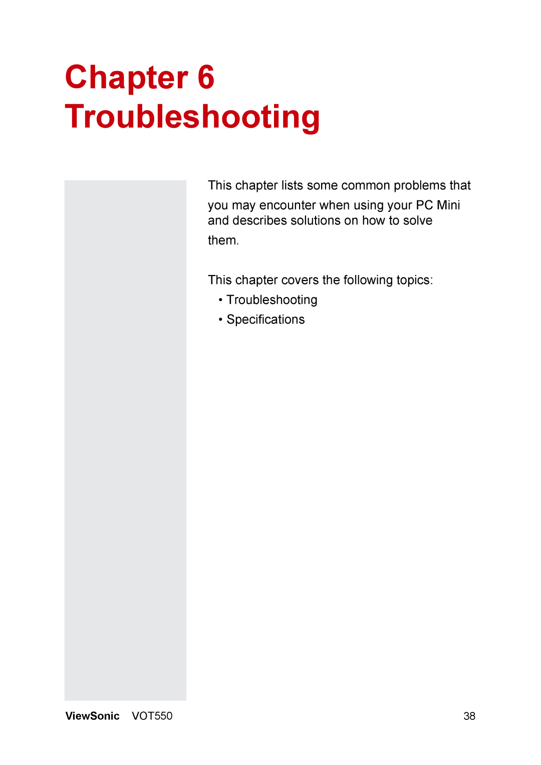 ViewSonic VOT550 manual Chapter Troubleshooting 