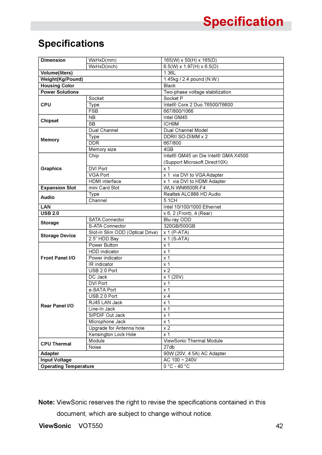 ViewSonic VOT550 manual Specifications 