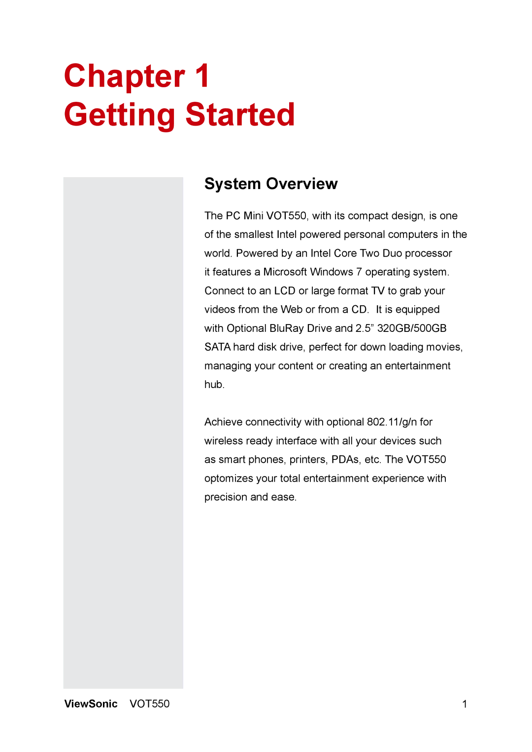 ViewSonic VOT550 manual Chapter Getting Started, System Overview 