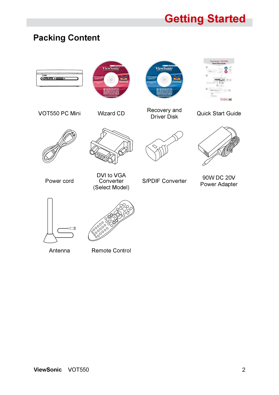 ViewSonic VOT550 manual Getting Started, Packing Content 