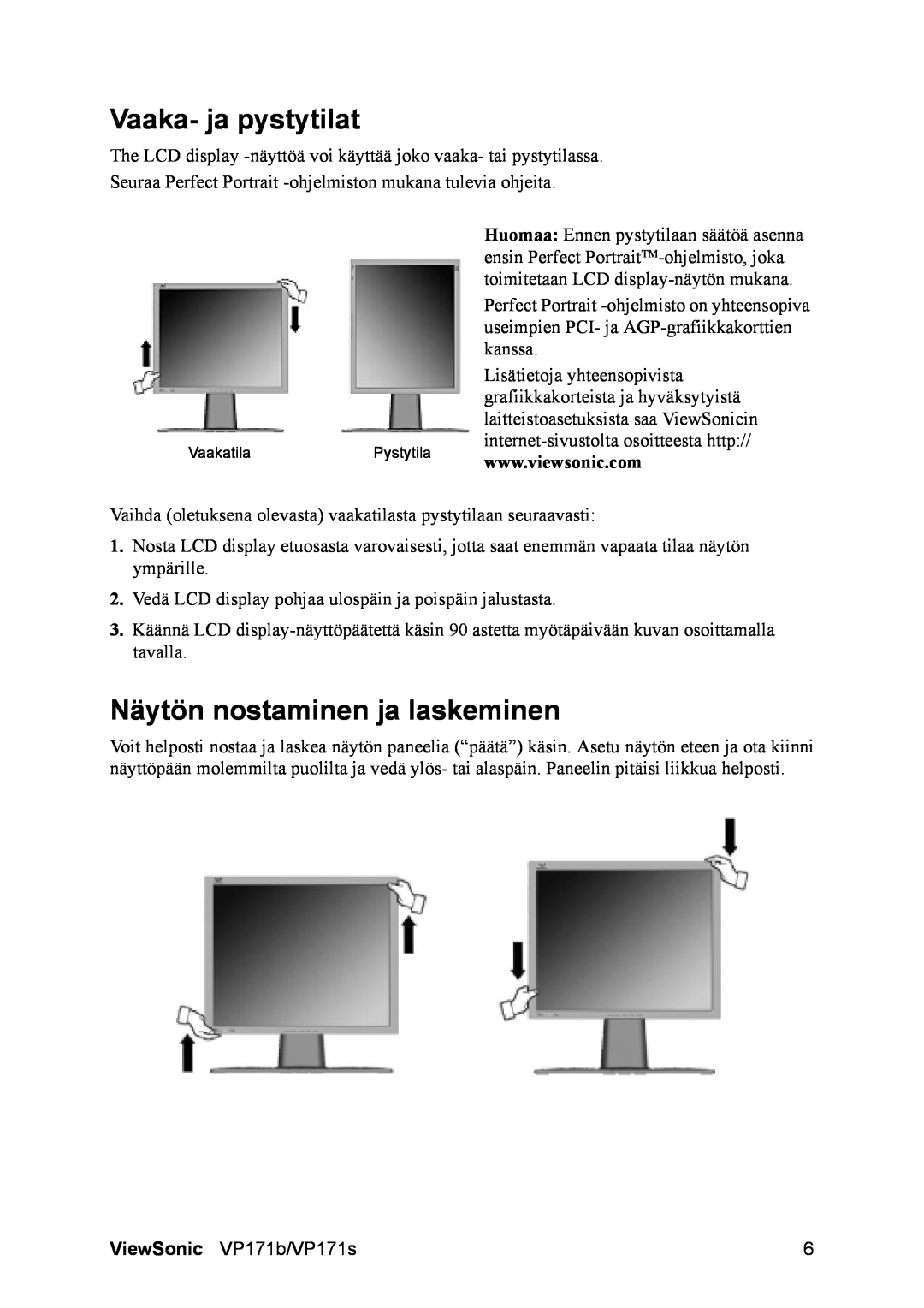 ViewSonic VP171b/VP171s manual Vaaka- ja pystytilat, Näytön nostaminen ja laskeminen 