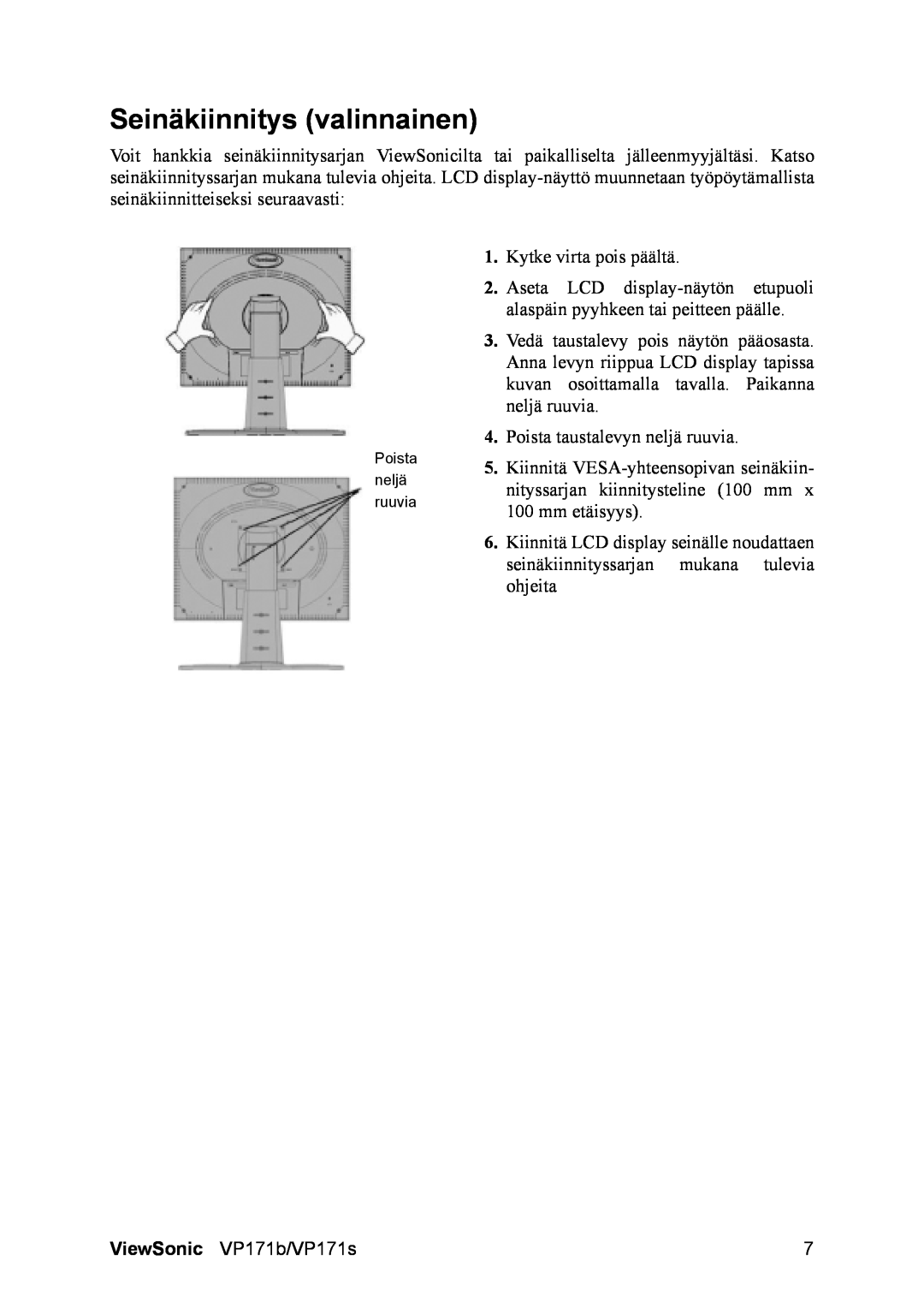 ViewSonic VP171b/VP171s manual Seinäkiinnitys valinnainen 