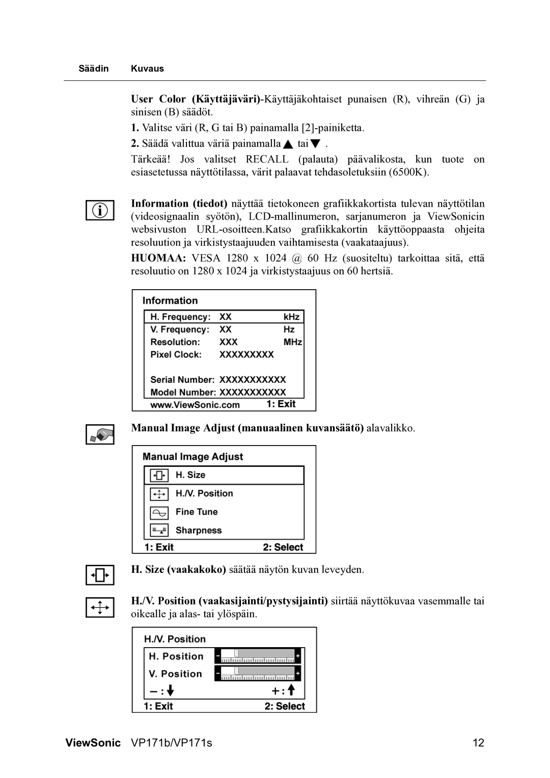 ViewSonic VP171b/VP171s manual Manual Image Adjust manuaalinen kuvansäätö alavalikko 