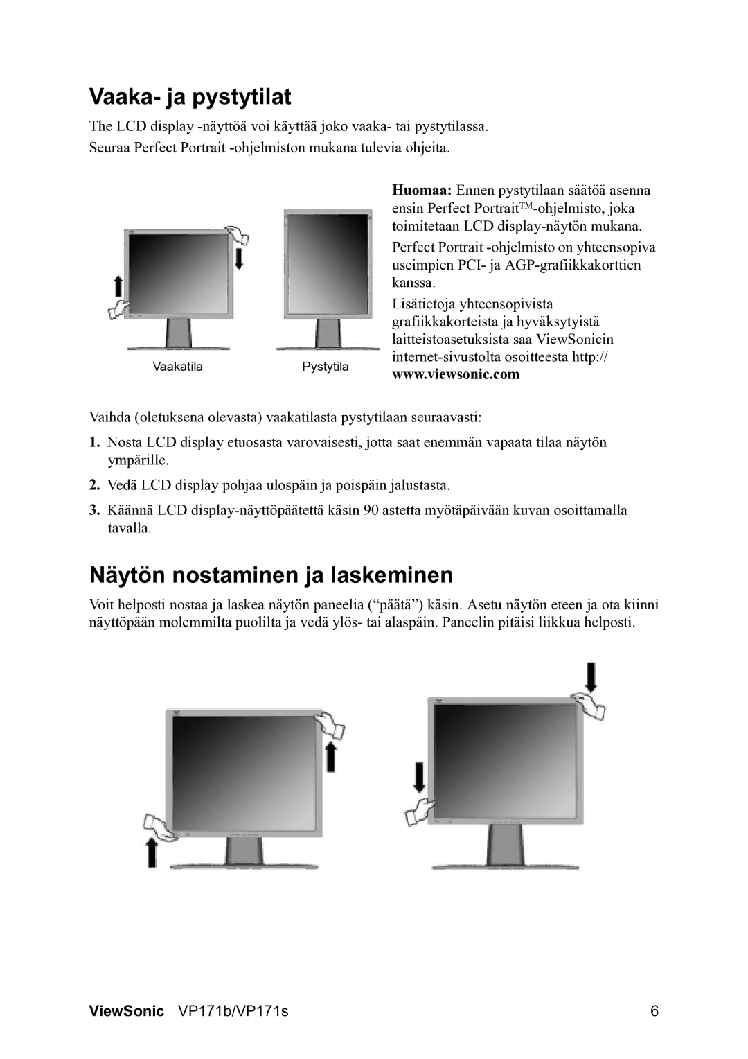 ViewSonic VP171b/VP171s manual Vaaka- ja pystytilat, Näytön nostaminen ja laskeminen 