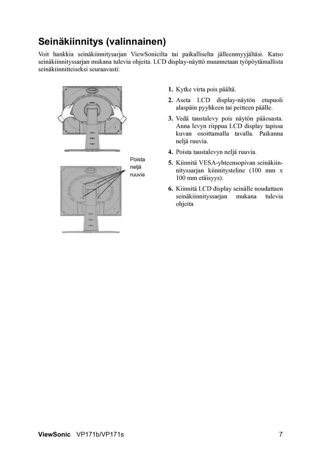 ViewSonic VP171b/VP171s manual Seinäkiinnitys valinnainen 