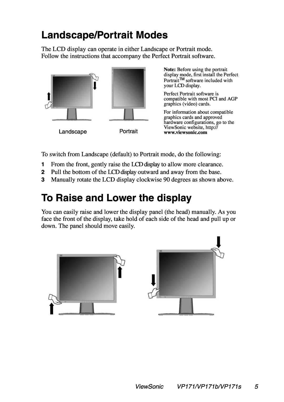 ViewSonic VP171S, VP171b manual Landscape/Portrait Modes, To Raise and Lower the display 