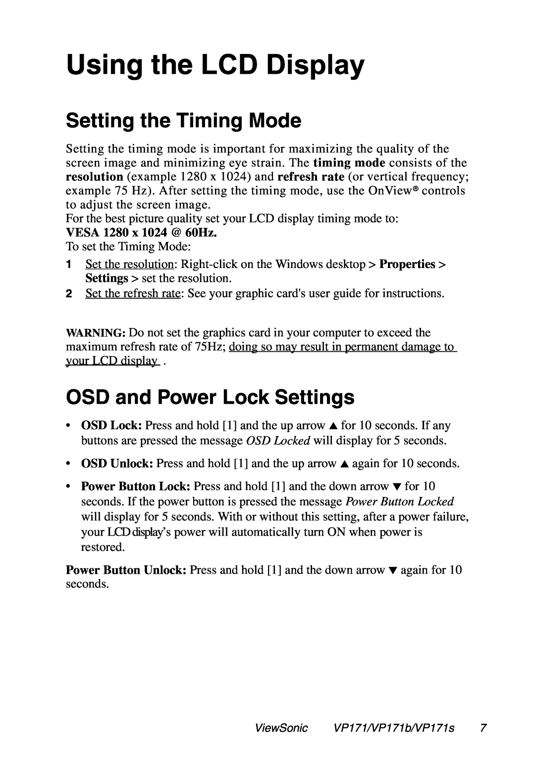 ViewSonic VP171 manual Setting the Timing Mode, OSD and Power Lock Settings, Using the LCD Display, VESA 1280 x 1024 @ 60Hz 