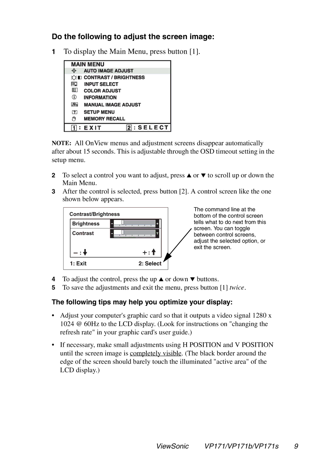 ViewSonic VP171b, VP171S Do the following to adjust the screen image, Following tips may help you optimize your display 