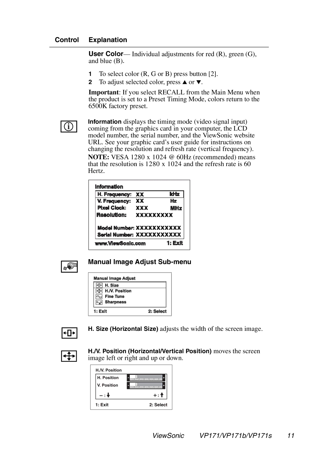 ViewSonic VP171S, VP171b manual Manual Image Adjust Sub-menu 