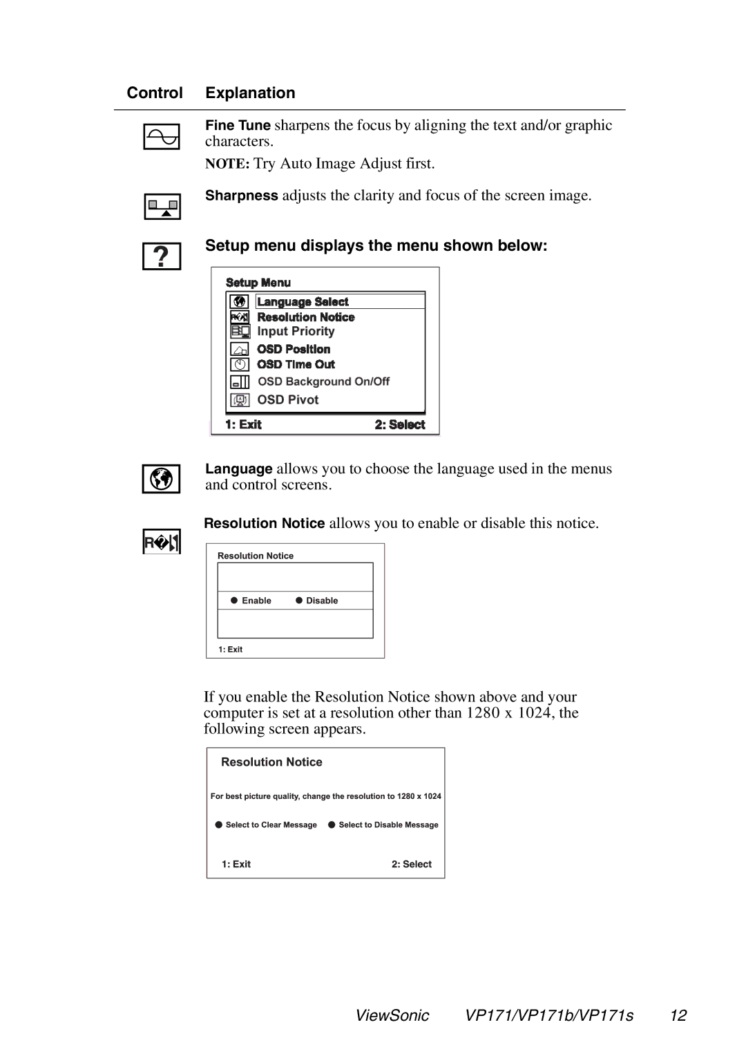 ViewSonic VP171b, VP171S manual Setup menu displays the menu shown below 