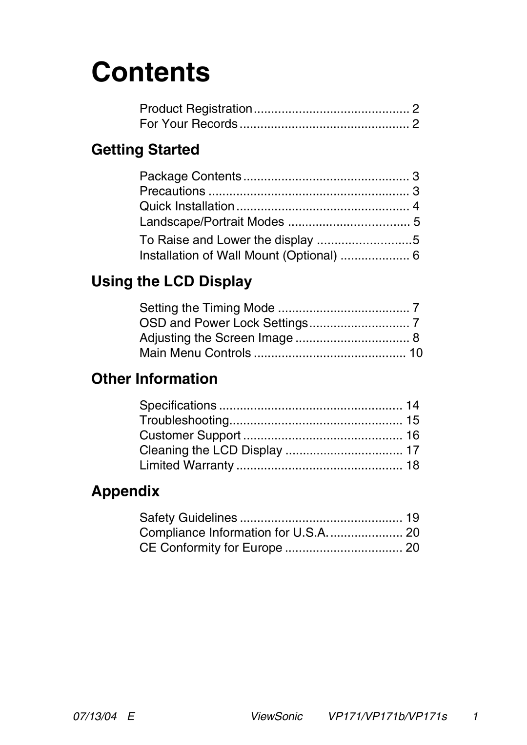 ViewSonic VP171S, VP171b manual Contents 