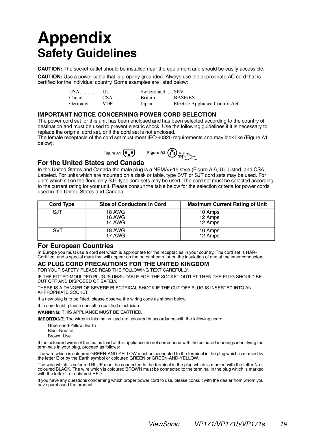 ViewSonic VP171S, VP171b manual Appendix, Safety Guidelines, For the United States and Canada, For European Countries 