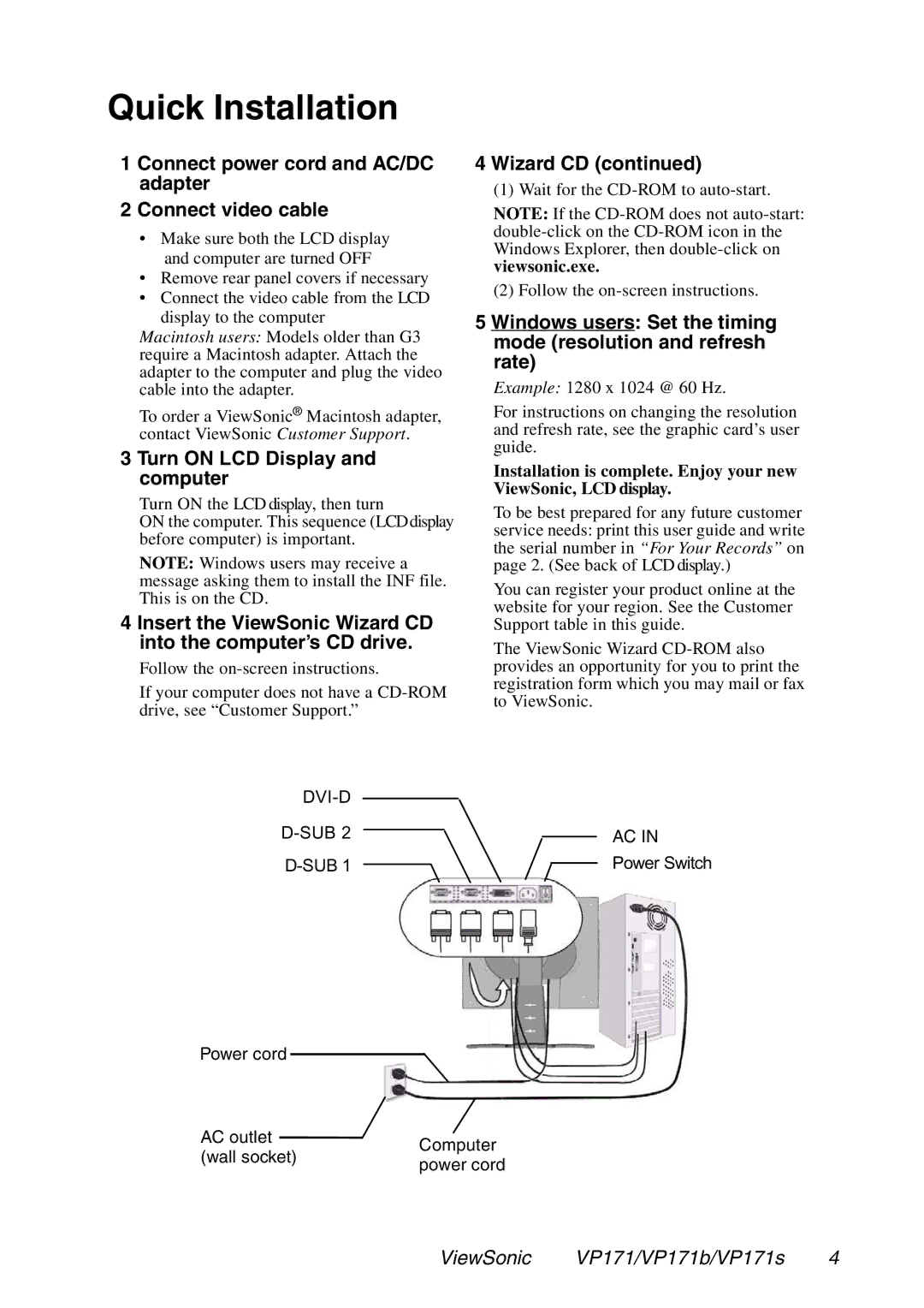 ViewSonic VP171S, VP171b manual Quick Installation 