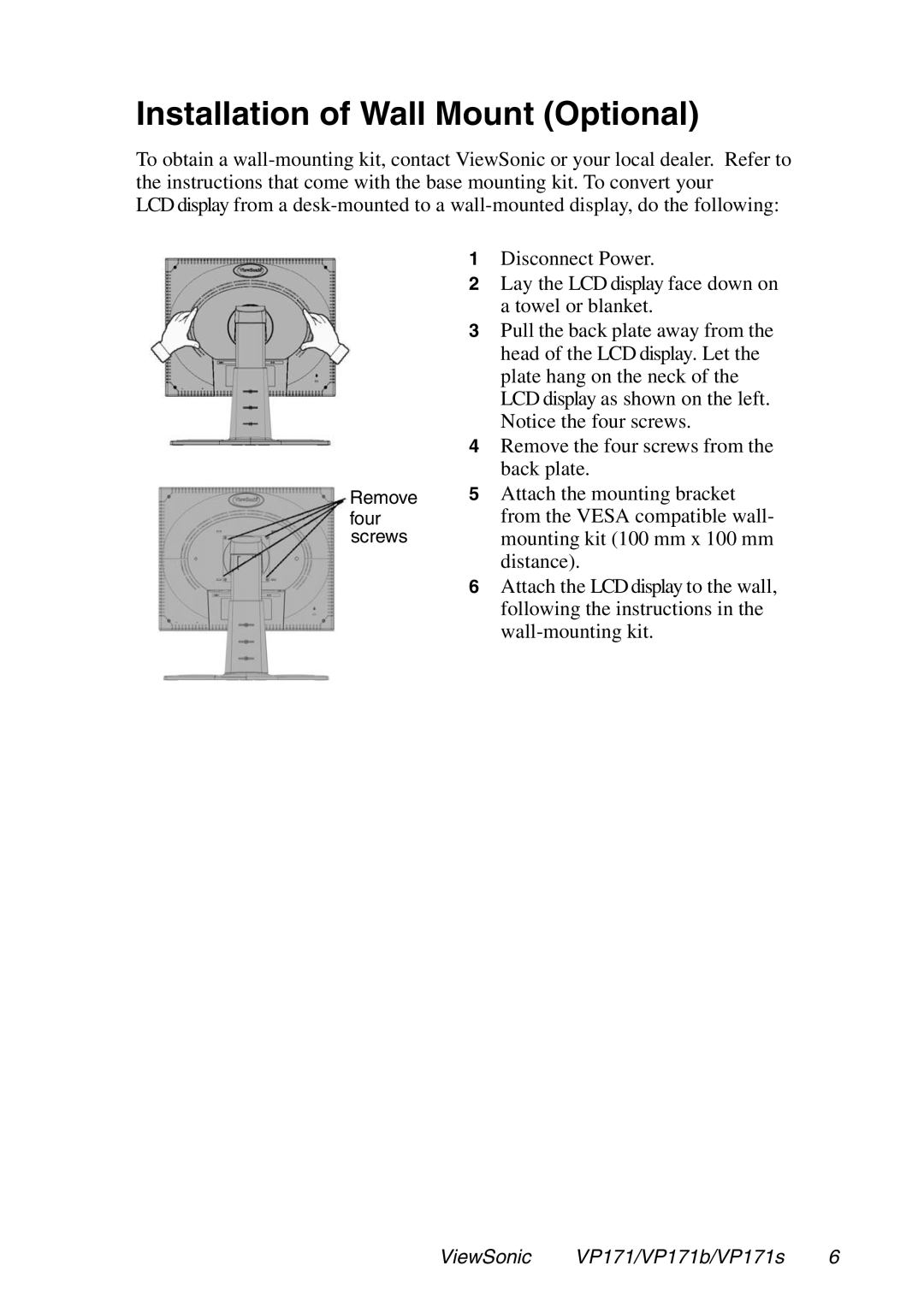 ViewSonic VP171b, VP171S manual Installation of Wall Mount Optional 