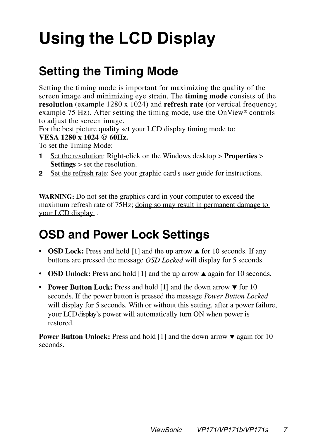 ViewSonic VP171S, VP171b manual Setting the Timing Mode, OSD and Power Lock Settings 