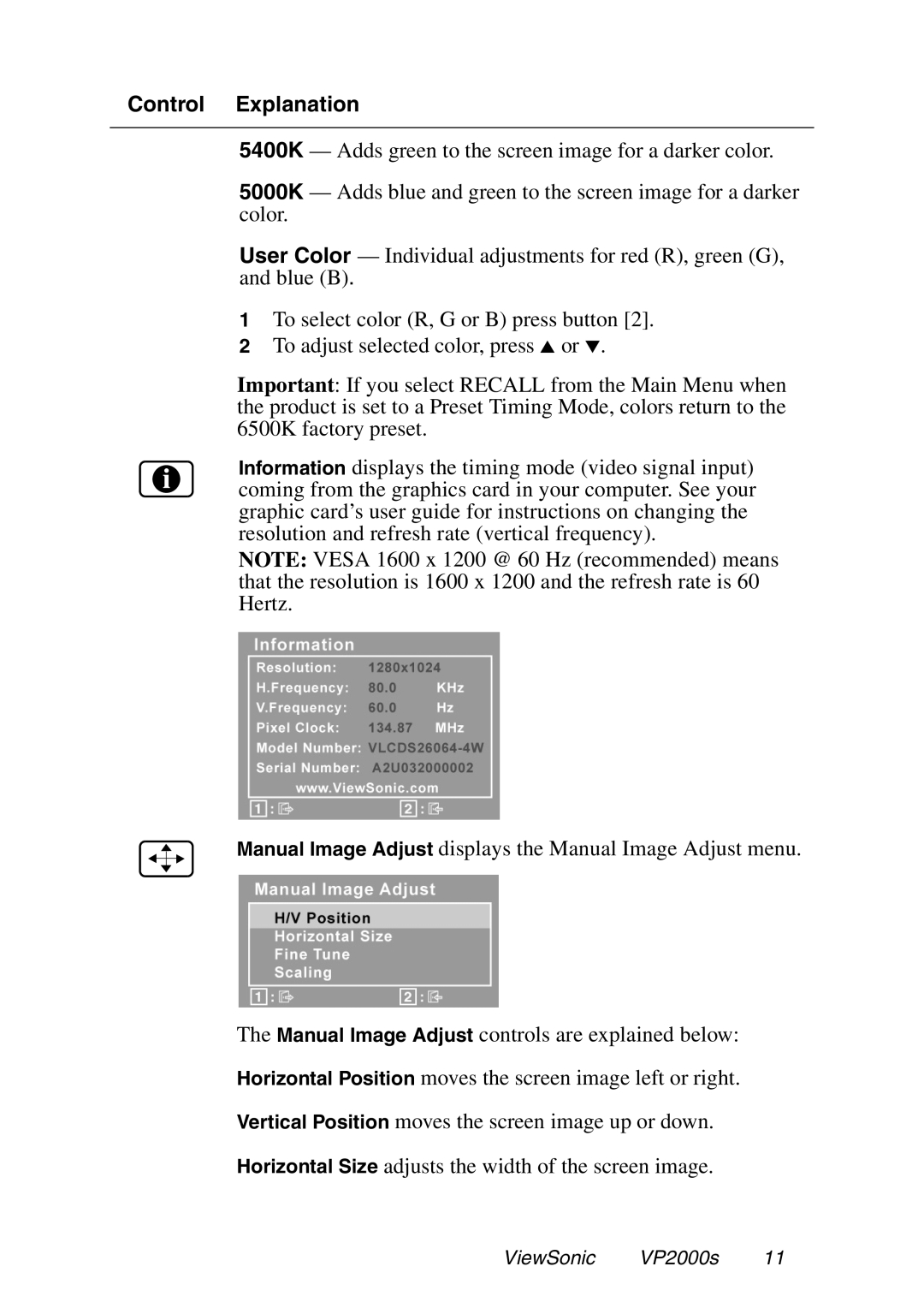 ViewSonic VP2000S manual Control Explanation 