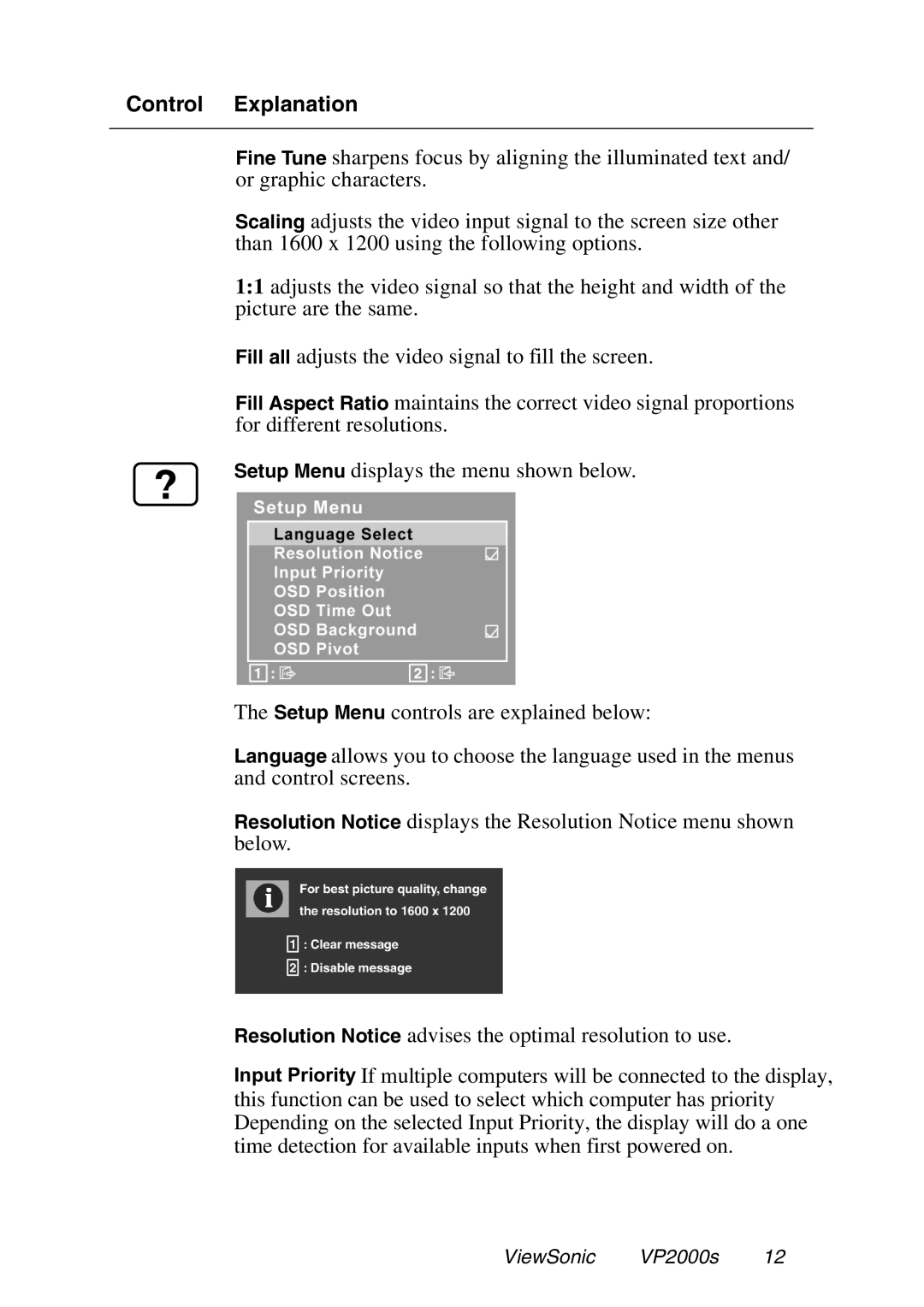 ViewSonic VP2000S manual Control Explanation 