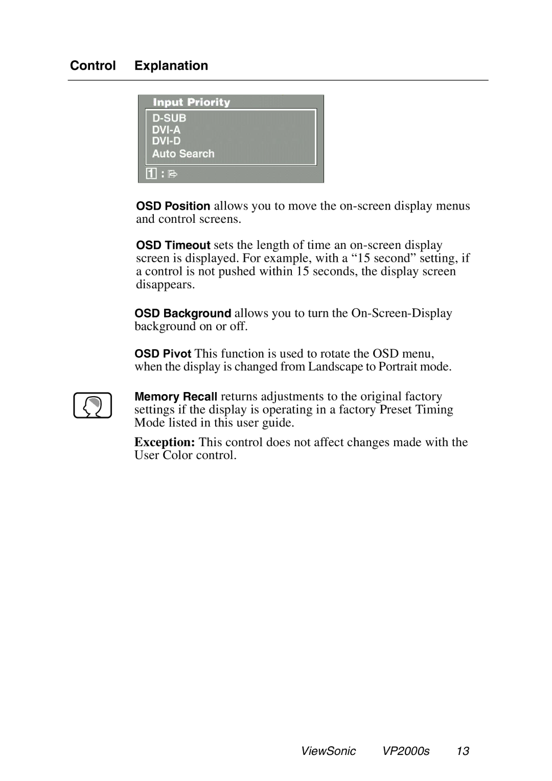 ViewSonic VP2000S manual Control Explanation 