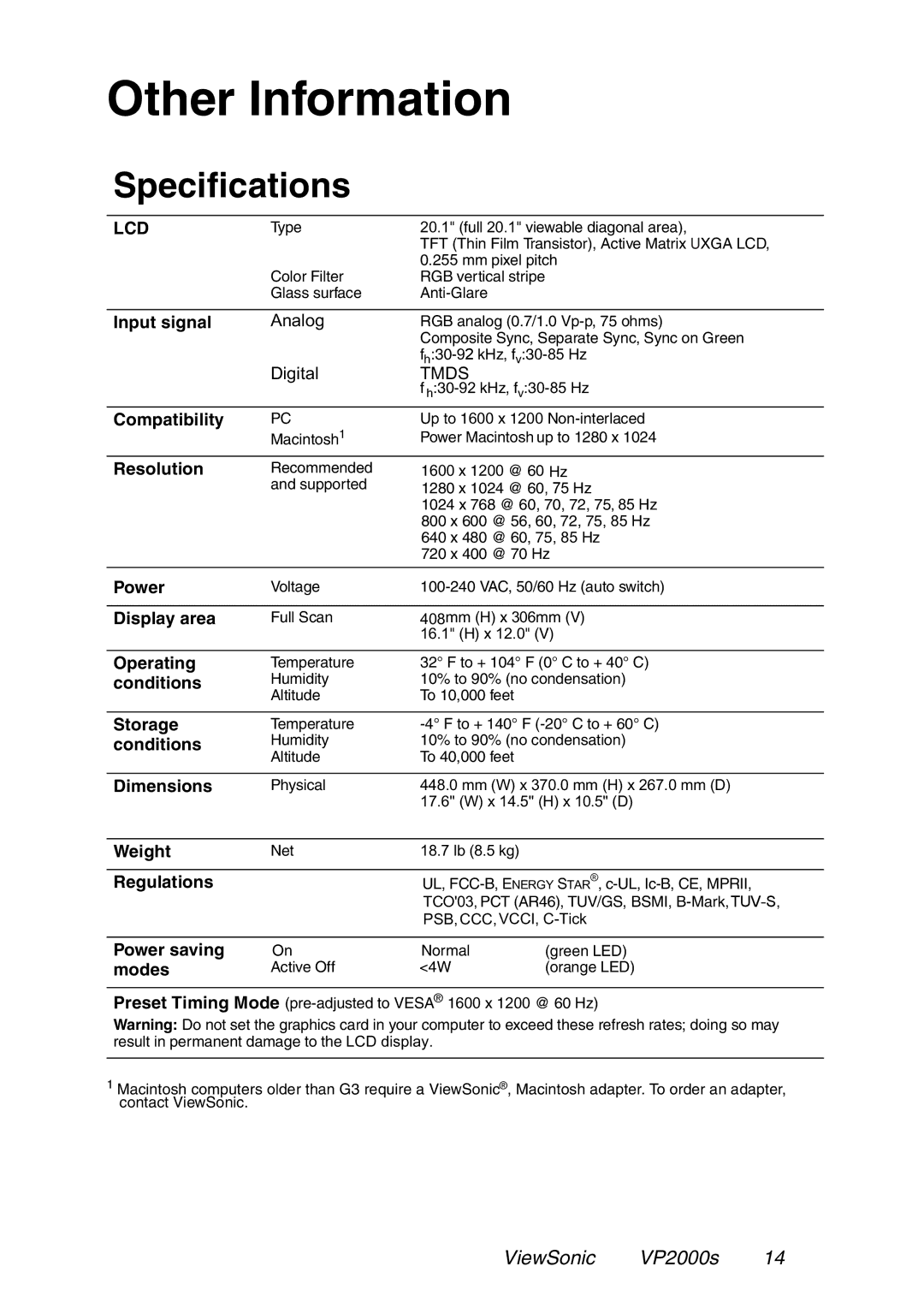 ViewSonic VP2000S manual Other Information, Specifications 