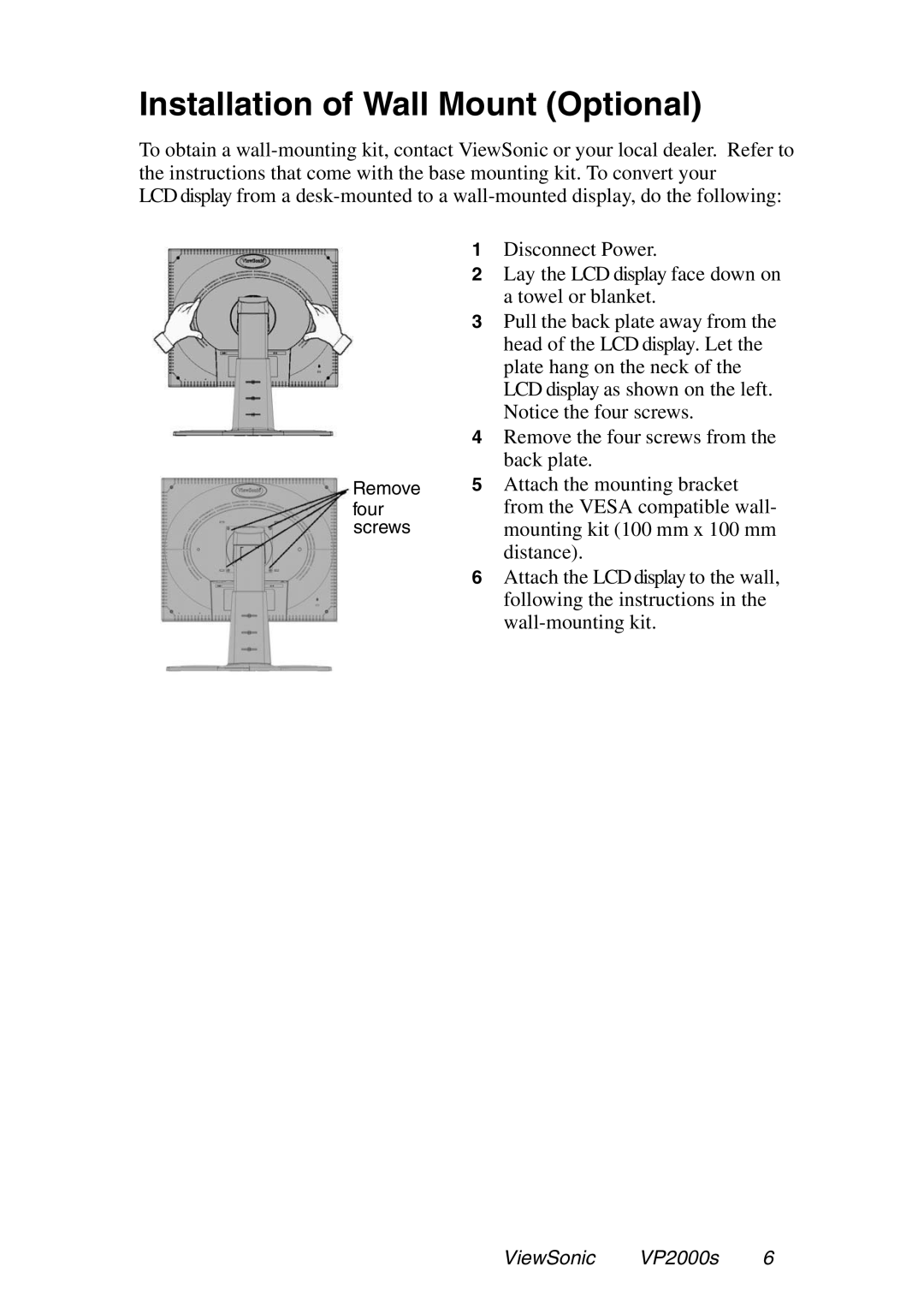 ViewSonic VP2000S manual Installation of Wall Mount Optional 