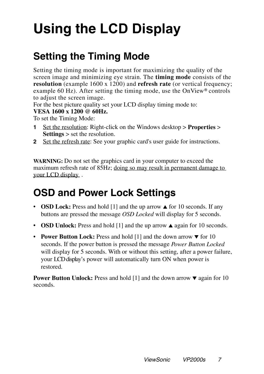 ViewSonic VP2000S manual Setting the Timing Mode, OSD and Power Lock Settings 