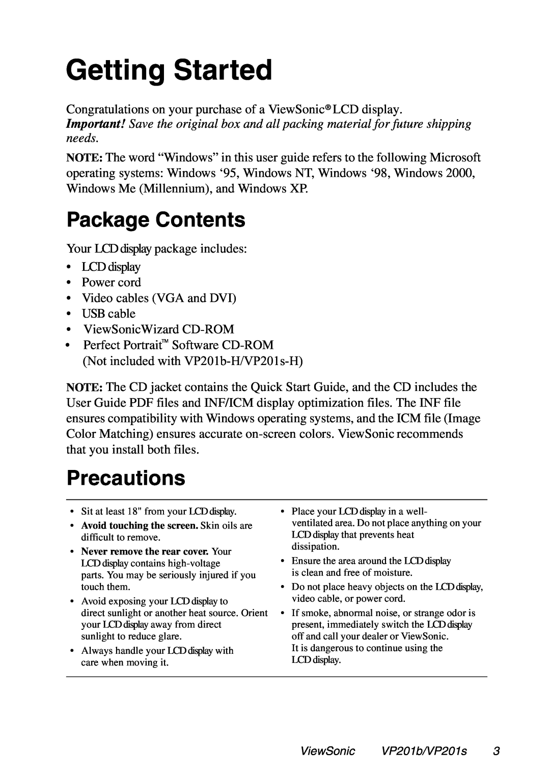 ViewSonic VP201b, VP201s manual Getting Started, Package Contents, Precautions 