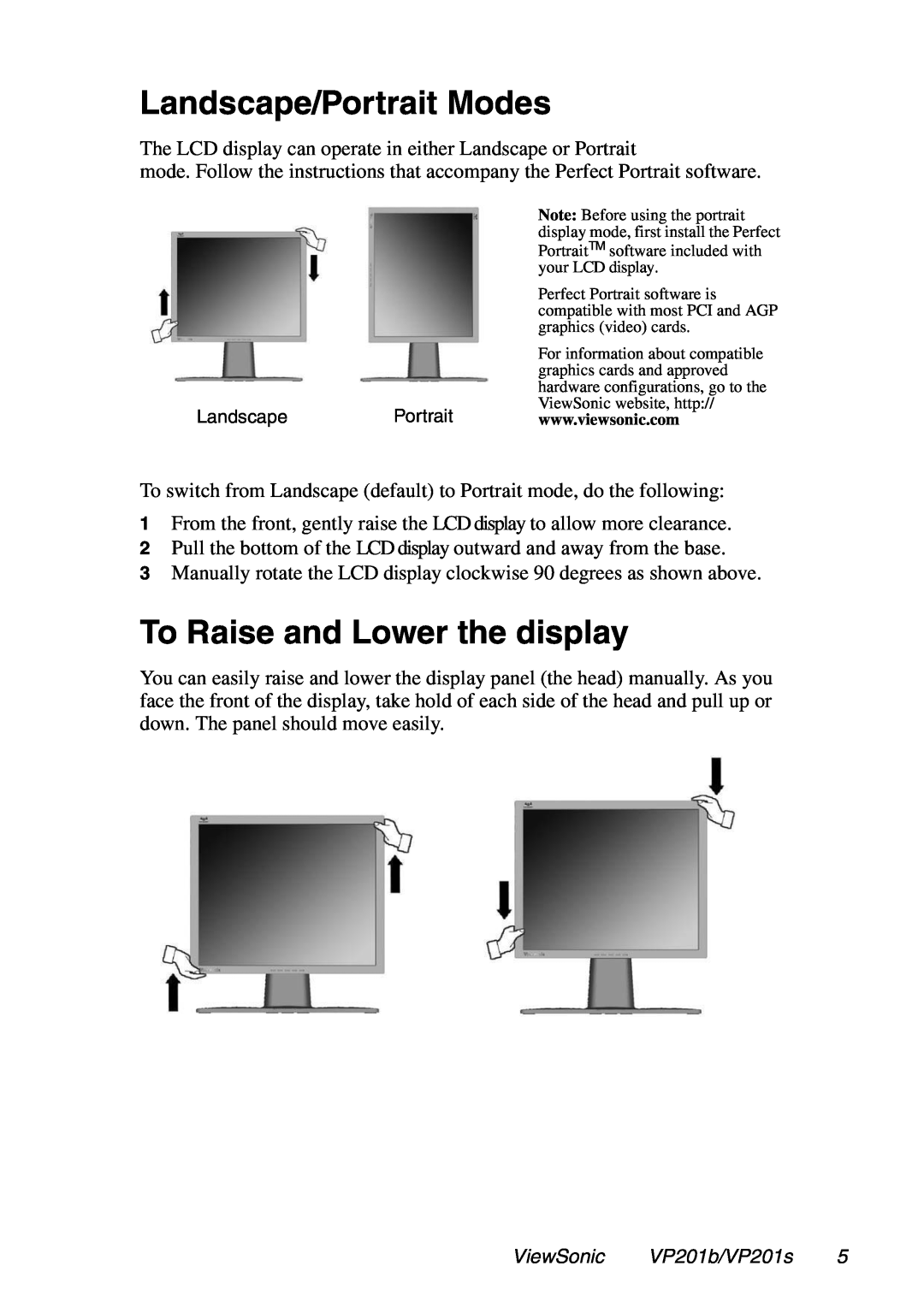 ViewSonic VP201b, VP201s manual Landscape/Portrait Modes, To Raise and Lower the display 