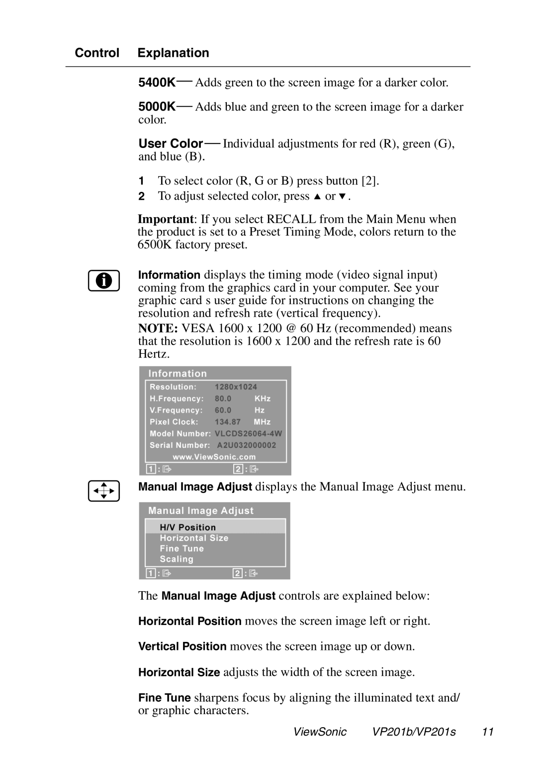 ViewSonic VP201b, VP201s manual Control Explanation 