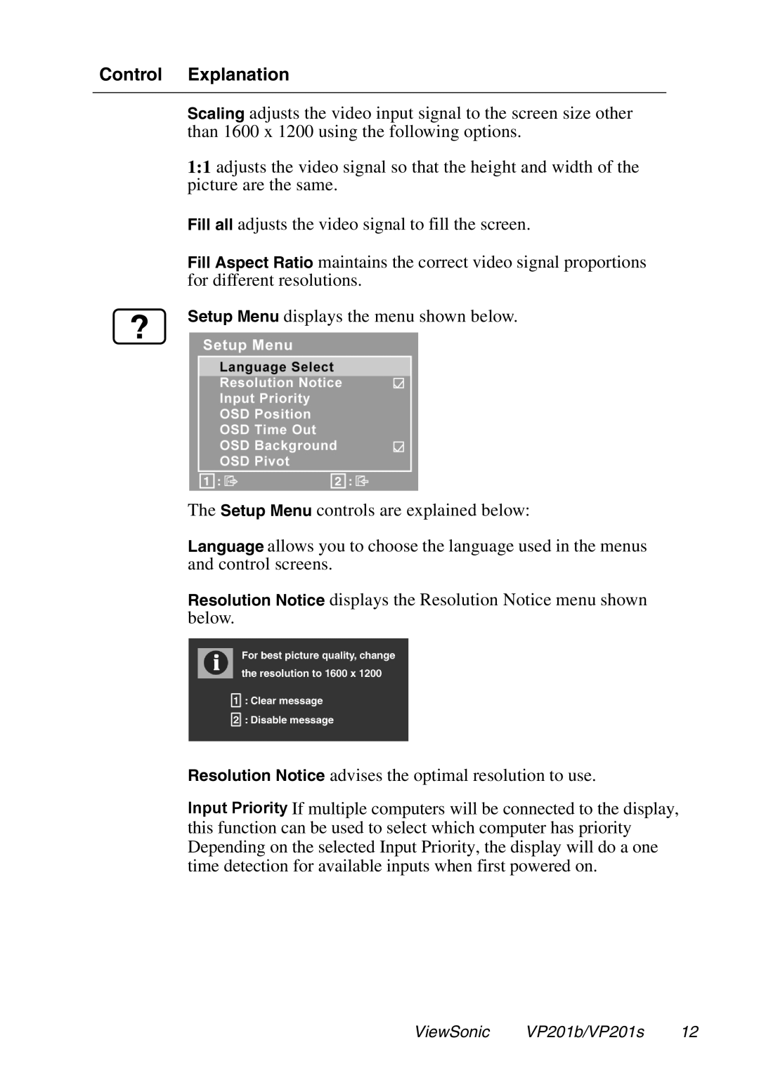 ViewSonic VP201b, VP201s manual Control Explanation 