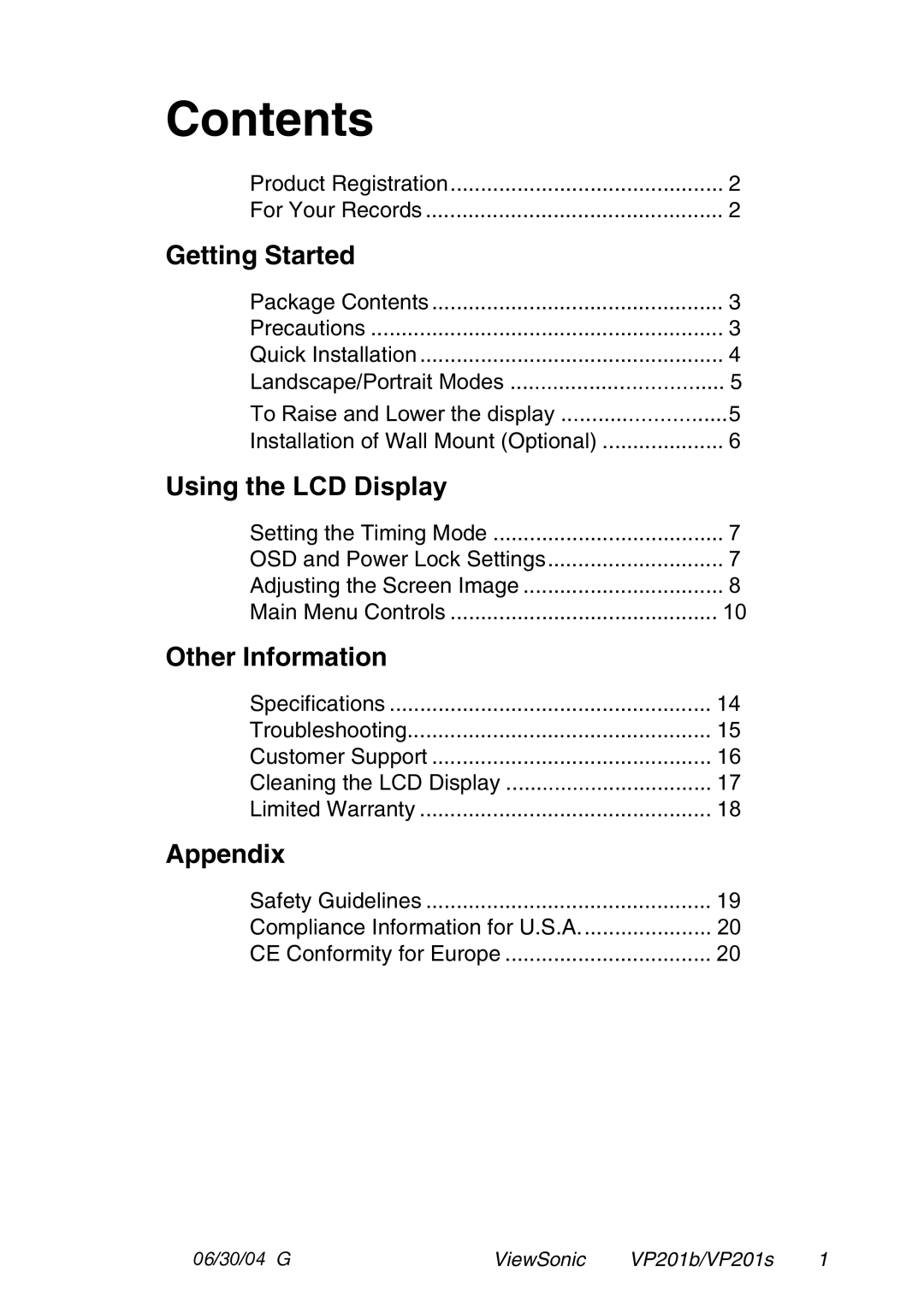 ViewSonic VP201b, VP201s manual Contents 