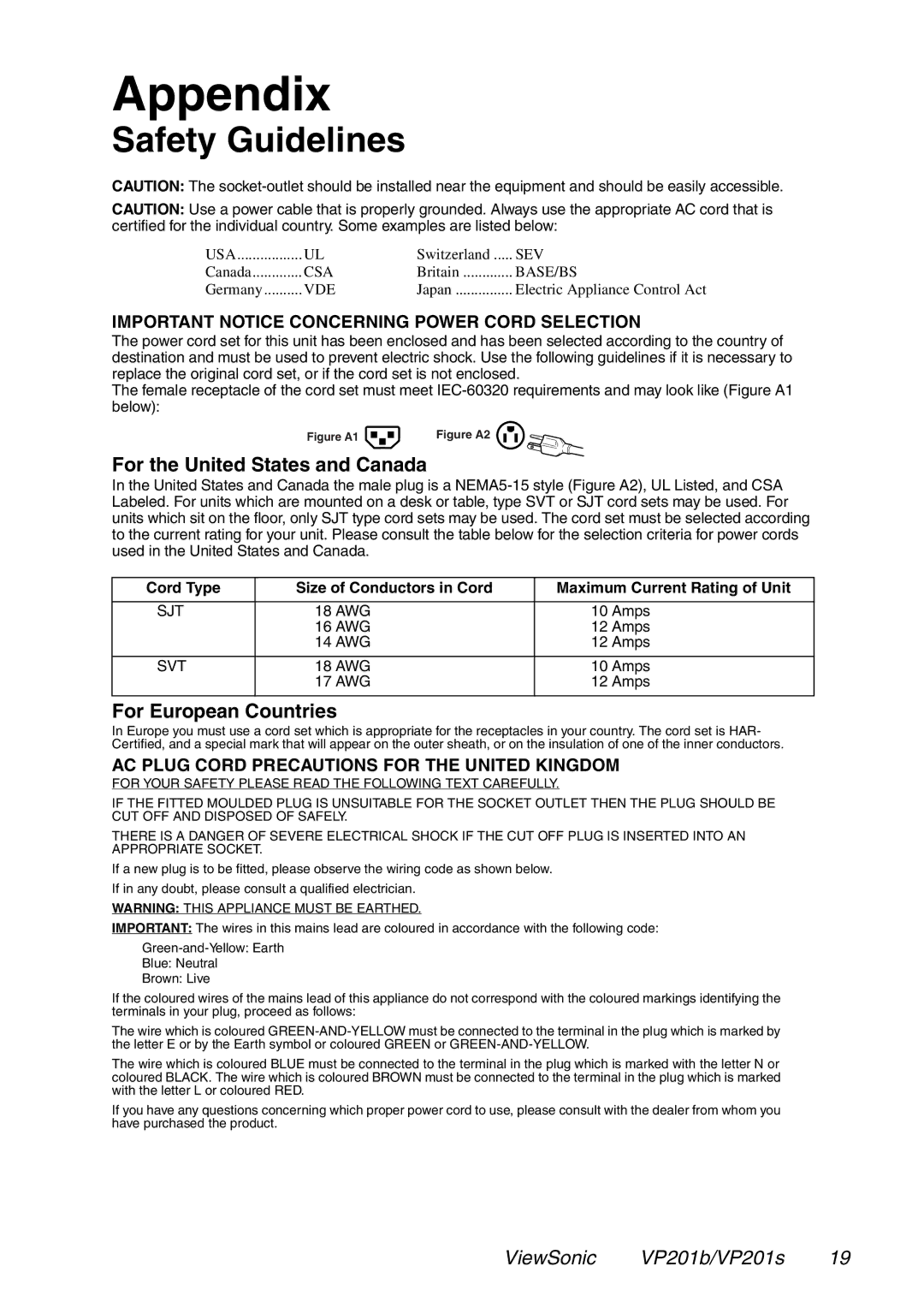 ViewSonic VP201b, VP201s manual Appendix, Safety Guidelines, For the United States and Canada, For European Countries 