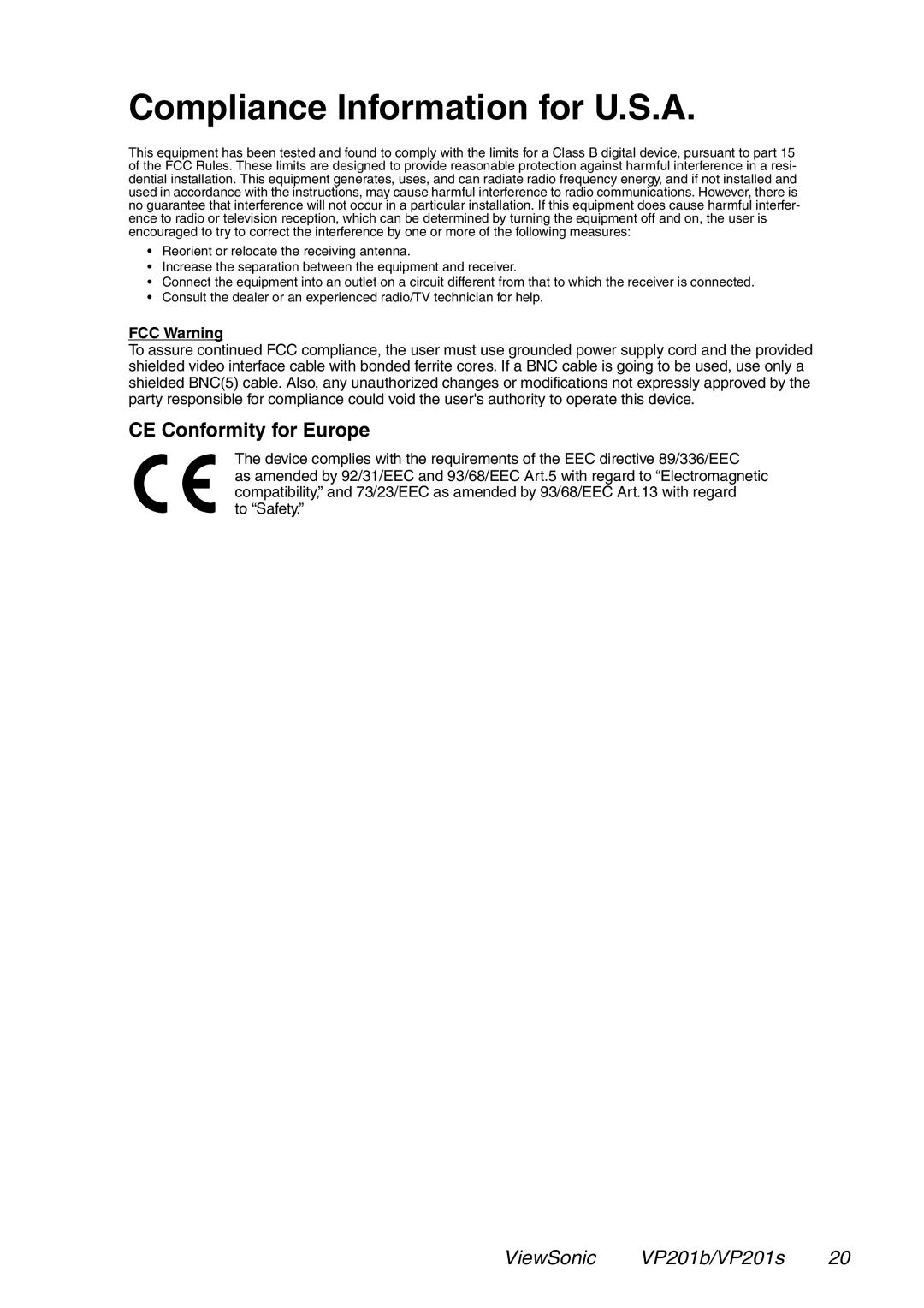 ViewSonic VP201b, VP201s manual Compliance Information for U.S.A, CE Conformity for Europe 