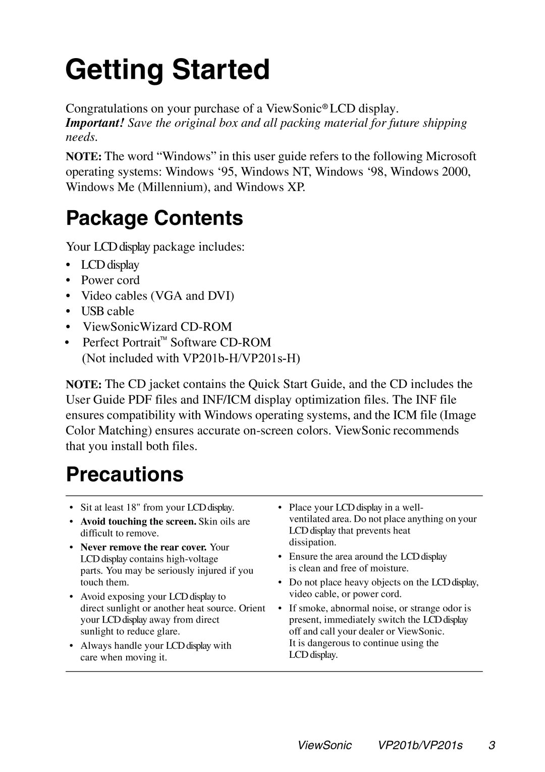 ViewSonic VP201b, VP201s manual Getting Started, Package Contents, Precautions 