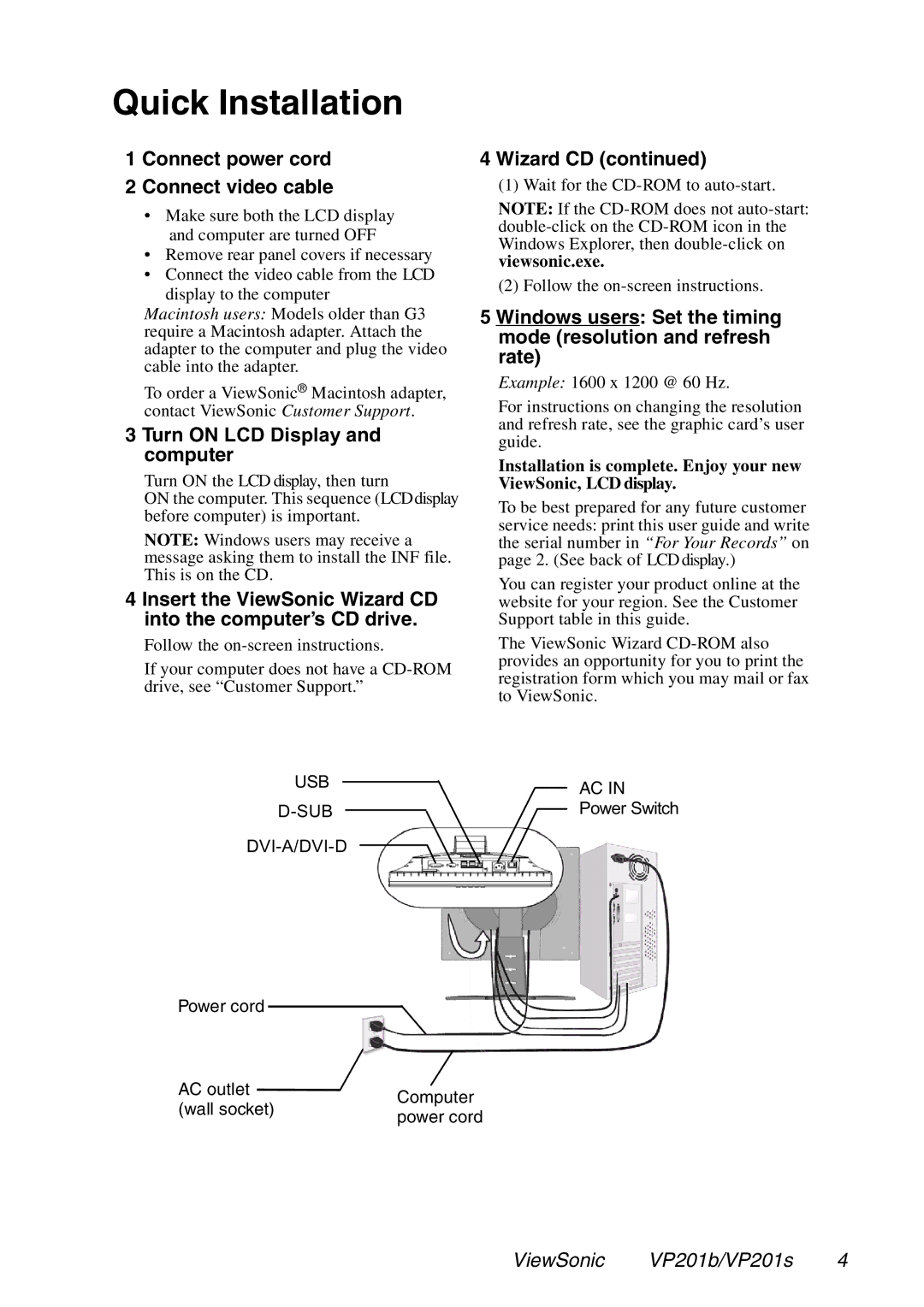 ViewSonic VP201b, VP201s manual Quick Installation, Connect power cord Connect video cable, Wizard CD 