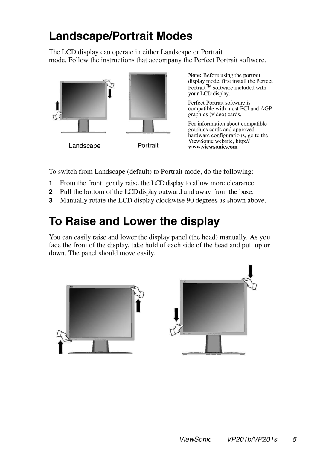 ViewSonic VP201b, VP201s manual Landscape/Portrait Modes 