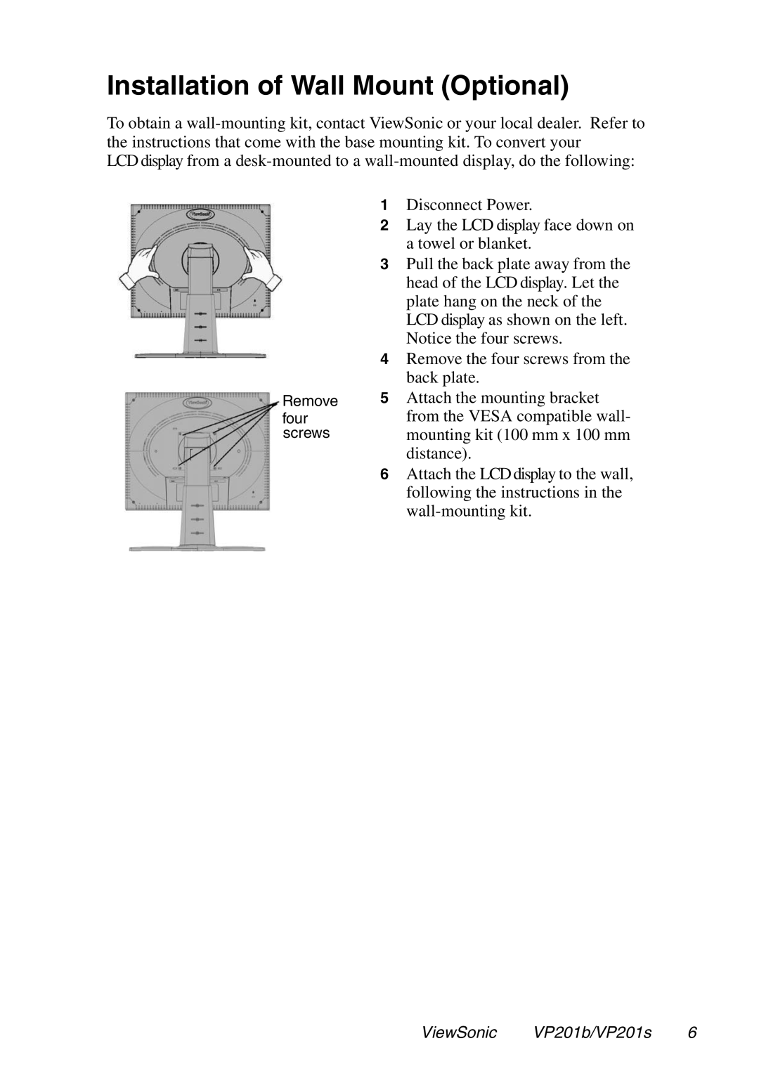 ViewSonic VP201b, VP201s manual Installation of Wall Mount Optional 