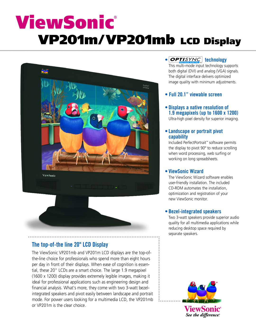 ViewSonic VP201MB manual VP201m/ VP201mb LCD Display, technology, megapixels up to, ViewSonic Wizard 