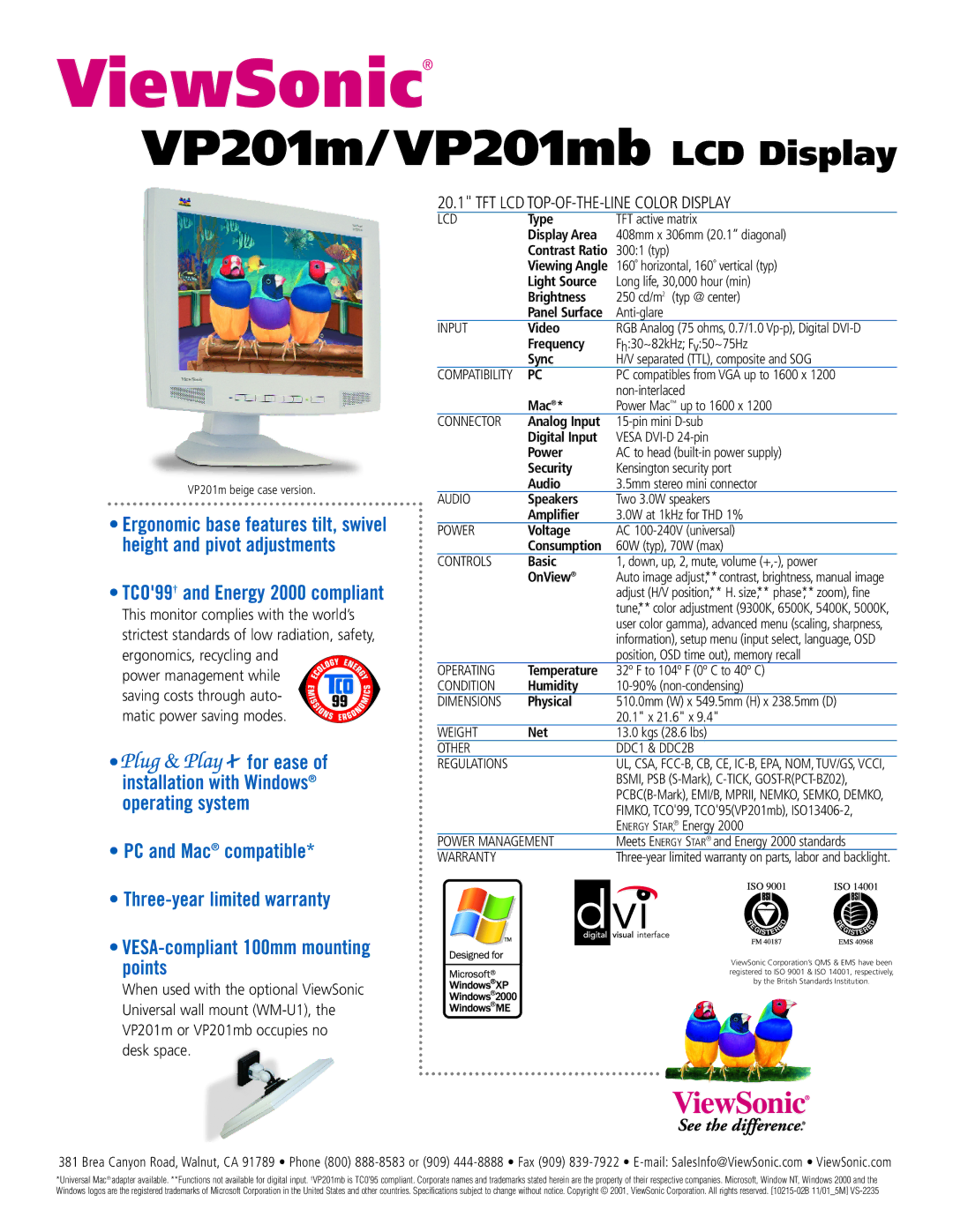 ViewSonic VP201M Type, Display Area, Light Source, Brightness, Video, Frequency, Sync, Mac, Analog Input, Digital Input 